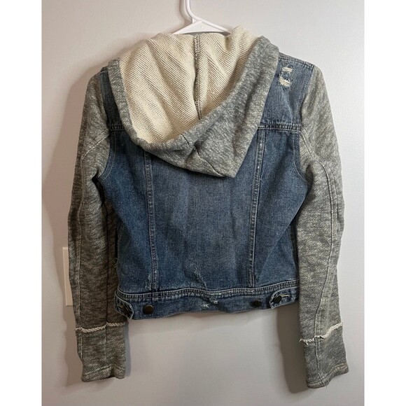 Free People Women’s Blue Denim Distressed Hooded Jacket Sz Small Removable Hood - Picture 7 of 8